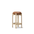 Fredericia Pioneer bar stool in natural oak with cognac leather seat and circular footrest, Scandinavian modern counter stool