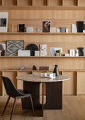 scandinavian oak wall unit in dining room