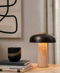 scandinavian reverse table lamp with travertine and brushed brass designed by Aleksandar Lazic for audo copenhagen