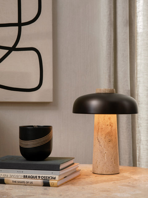 scandinavian reverse table lamp with travertine and brushed brass designed by Aleksandar Lazic for audo copenhagen