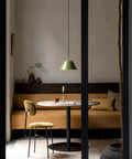 scandinavian dining room with marble top table and industrial chair