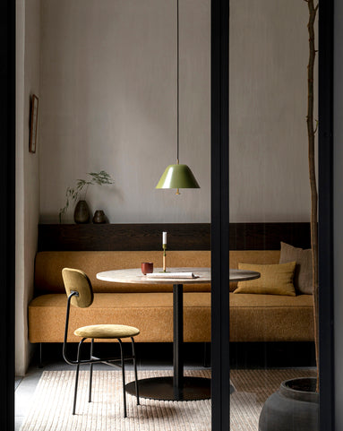 scandinavian dining room with marble top table and industrial chair