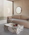 scandinavian interior with marble slab coffee table