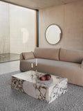 scandinavian interior with marble slab coffee table