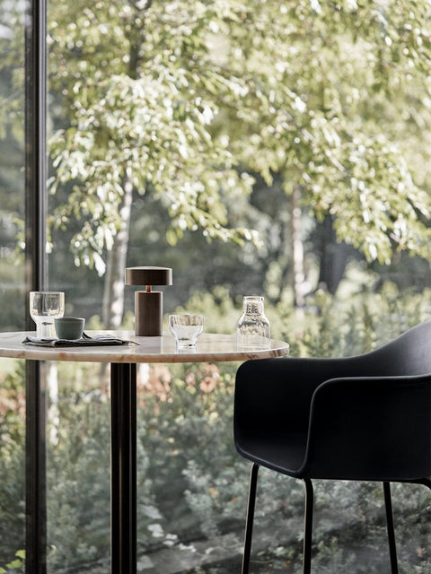 Audo Copenhagen Harbour Arm Chair, Counter & Bar Height, Upholstered with the Column Table Lamp