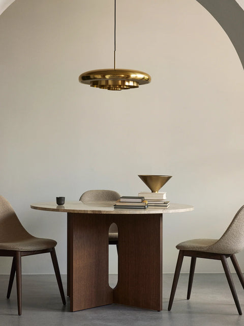 resonant ceiling light fixture in brushed brass designed by Alf Svensson & Yngvar Sandström for audo copenhagen