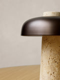 scandinavian reverse table lamp with travertine and brushed brass designed by Aleksandar Lazic for audo copenhagen