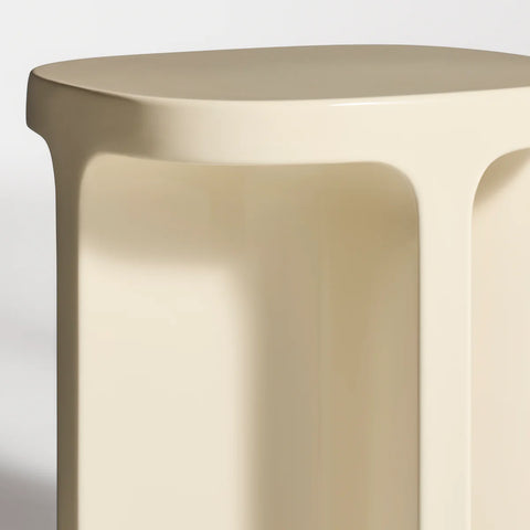 Small Talk Tall Side Table by Blu Dot in Ivory, high-gloss GRFC surface and rounded leg detail, close-up