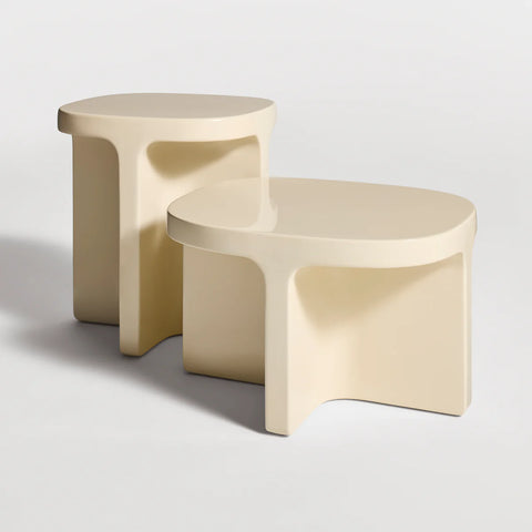 Small Talk Tall Side Table and Coffee Table by Blu Dot in Ivory GRFC, nested together, 3/4 view