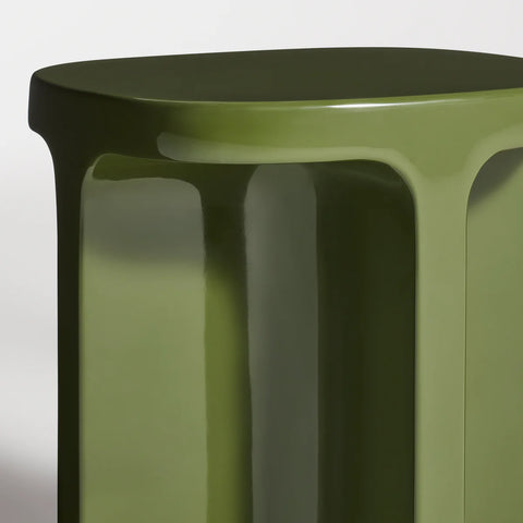 Small Talk Tall Side Table by Blu Dot in Olive, high-gloss GRFC surface and rounded leg detail, close-up
