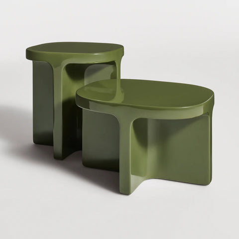 Small Talk Tall Side Table and Coffee Table by Blu Dot in Olive GRFC, nested together, 3/4 view