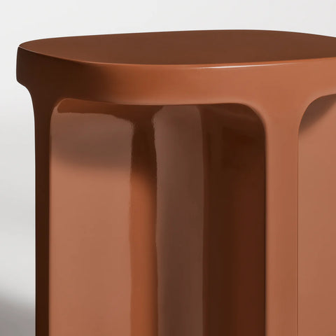 Small Talk Tall Side Table by Blu Dot in Rust, high-gloss GRFC surface and rounded leg detail, close-up