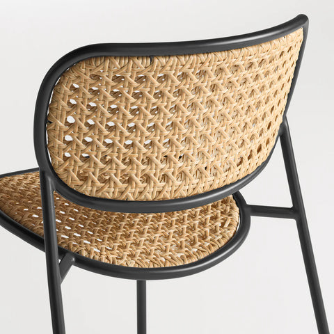 Made You Look Outdoor Chair by Blu Dot, woven plastic rattan back and seat detail, Oblivion frame