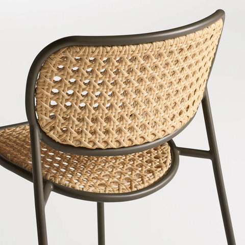 Made You Look Outdoor Chair by Blu Dot, woven plastic rattan back and seat detail, Dark Olive frame