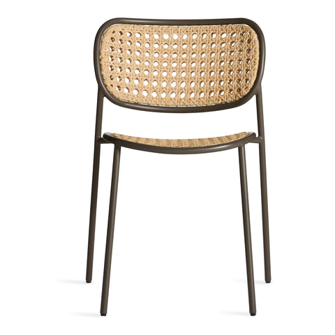 Made You Look Outdoor Chair by Blu Dot in Dark Olive with woven plastic rattan back, front view