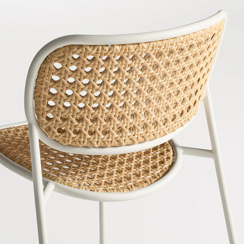 Made You Look Outdoor Chair by Blu Dot, woven plastic rattan back and seat detail, White frame