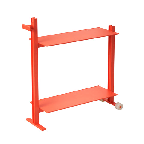 Museum Trolley by TAF Studio for String Furniture in orange, a two-level aluminium trolley with wheels and handle