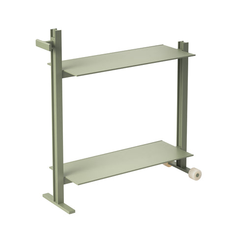 Museum Trolley by TAF Studio for String Furniture in green, a two-level aluminium trolley with wheels and handle