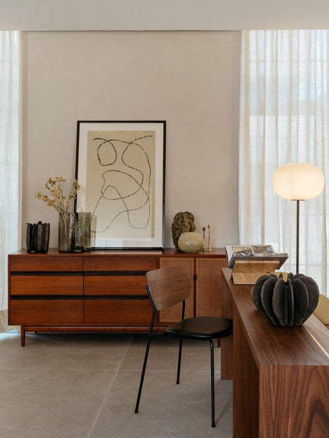 Audo Copenhagen Co Dining Chair, Non-Upholstered, Co Dining Chair in a stylish room with a wooden sideboard, framed abstract art, a desk, and a glowing floor lamp