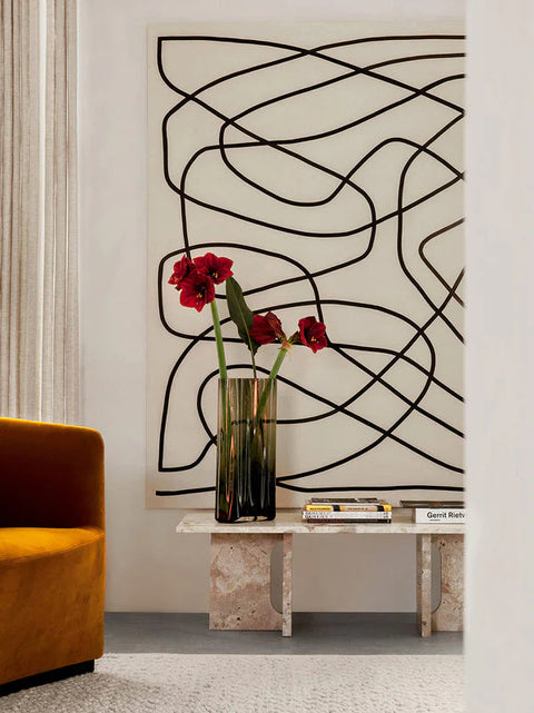 scandinavian entryway with marble bench and beautiful vase designed by audo copenhagen