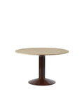 midst table by muuto in oiled oak top and dark red base 