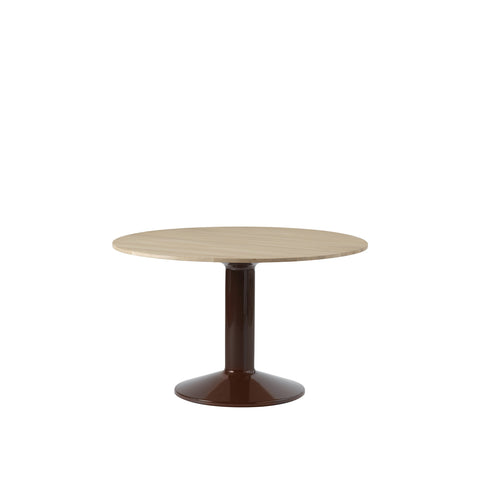 midst table by muuto in oiled oak top and dark red base 