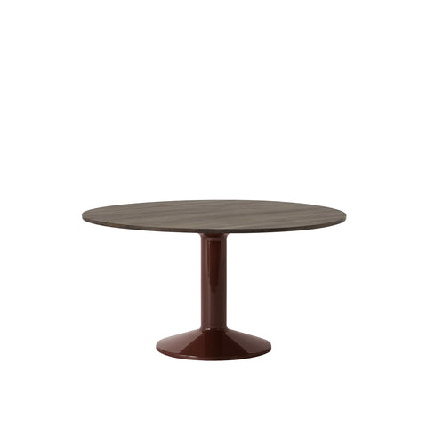 midst table by muuto in dark oiled oak top and dark red base 