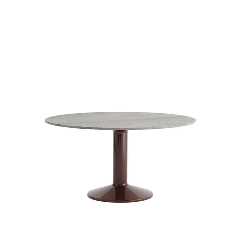 Muuto Midst Table with round grey marble top and dark red pedestal base – contemporary Scandinavian design