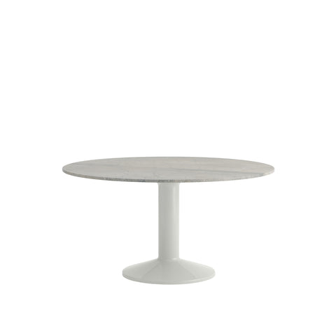 Muuto Midst Table with round grey marble top and light grey pedestal base – minimalist Scandinavian dining table
