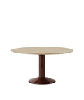 midst table by muuto in oiled oak top and dark red base 