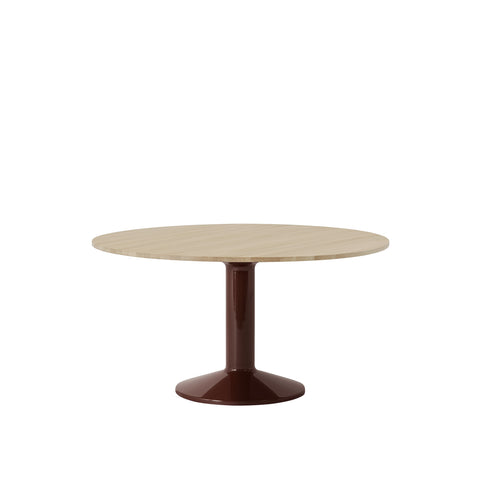 midst table by muuto in oiled oak top and dark red base 