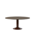 midst table by muuto in dark oiled oak top and dark red base 