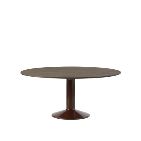 midst table by muuto in dark oiled oak top and dark red base 