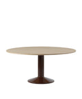 midst table by muuto in oiled oak top and dark red base 