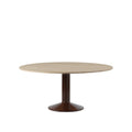 midst table by muuto in oiled oak top and dark red base 