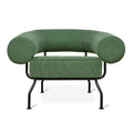 Gus Modern Mirador lounge chair in green speckled fabric with curved tubular backrest and webbed suspension seat