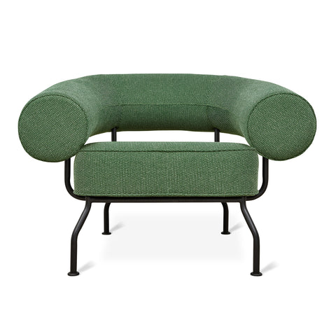 Gus Modern Mirador lounge chair in green speckled fabric with curved tubular backrest and webbed suspension seat