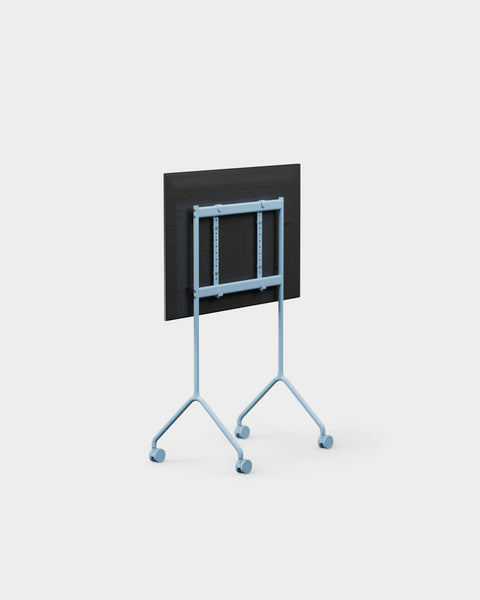 Pedestal Moon Light TV Stand in Powder Blue, compact steel TV stand on wheels, seen from behind showing the VESA bracket