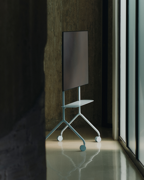 Pedestal Moon Light Shelf in Powder Blue, steel shelf for the Moon Light TV stand, fitted to a stand beside a window