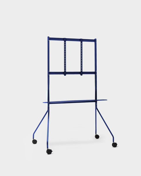 Pedestal Moon PRO TV Stand in Ultra Marine, large mobile TV stand with a shelf, seen from behind showing the frame and shelf