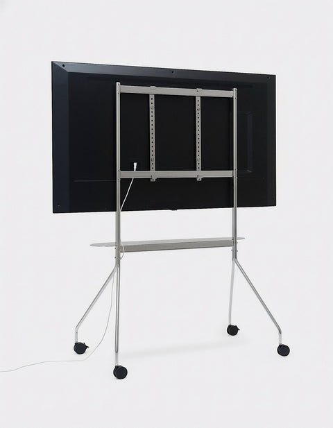 Pedestal Moon PRO TV Stand in Chrome, large mobile TV stand with a shelf, seen from behind showing the frame and shelf