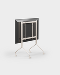 Pedestal Moon TV Stand in Pearl, rolling steel TV stand, seen from behind showing the VESA bracket and cable channel