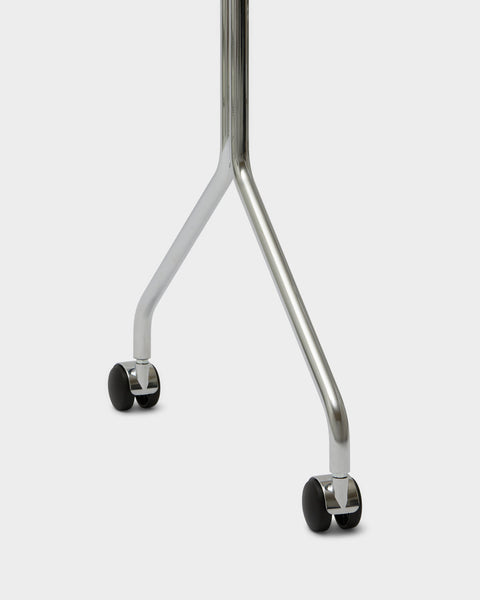 Pedestal Wheels in Chrome, replacement TV stand wheels, fitted to the leg of a Chrome stand