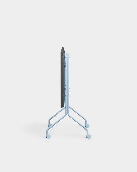 Pedestal Moon TV Stand in Powder Blue, rolling steel TV stand, seen from behind without a screen fitted