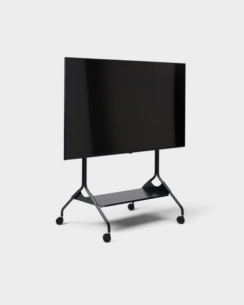 Pedestal Moon Tray Shelf in Charcoal, steel tray shelf for a TV stand, fitted to a Charcoal Moon stand holding a screen