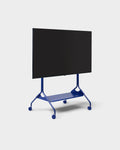 Pedestal Moon Tray Shelf in Ultra Marine, steel tray shelf for a TV stand, fitted to an Ultra Marine stand holding a screen