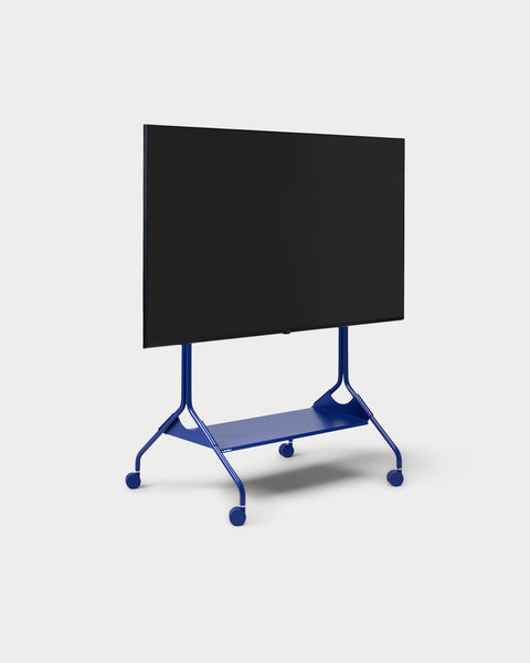 Pedestal Moon Tray Shelf in Ultra Marine, steel tray shelf for a TV stand, fitted to an Ultra Marine stand holding a screen