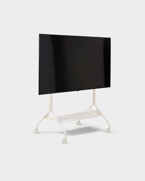 Pedestal Moon Tray Shelf in Pearl, steel tray shelf for a TV stand, fitted to a Pearl Moon stand holding a screen