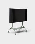 Pedestal Moon Tray Shelf in Mossy Green, steel tray shelf for a TV stand, fitted to a Mossy Green Moon stand holding a screen