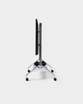 Pedestal Moon Tray Shelf in Chrome, steel tray shelf for a TV stand, fitted to a Chrome stand seen from behind